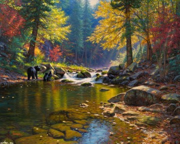 oso en el río otoño Pinturas al óleo